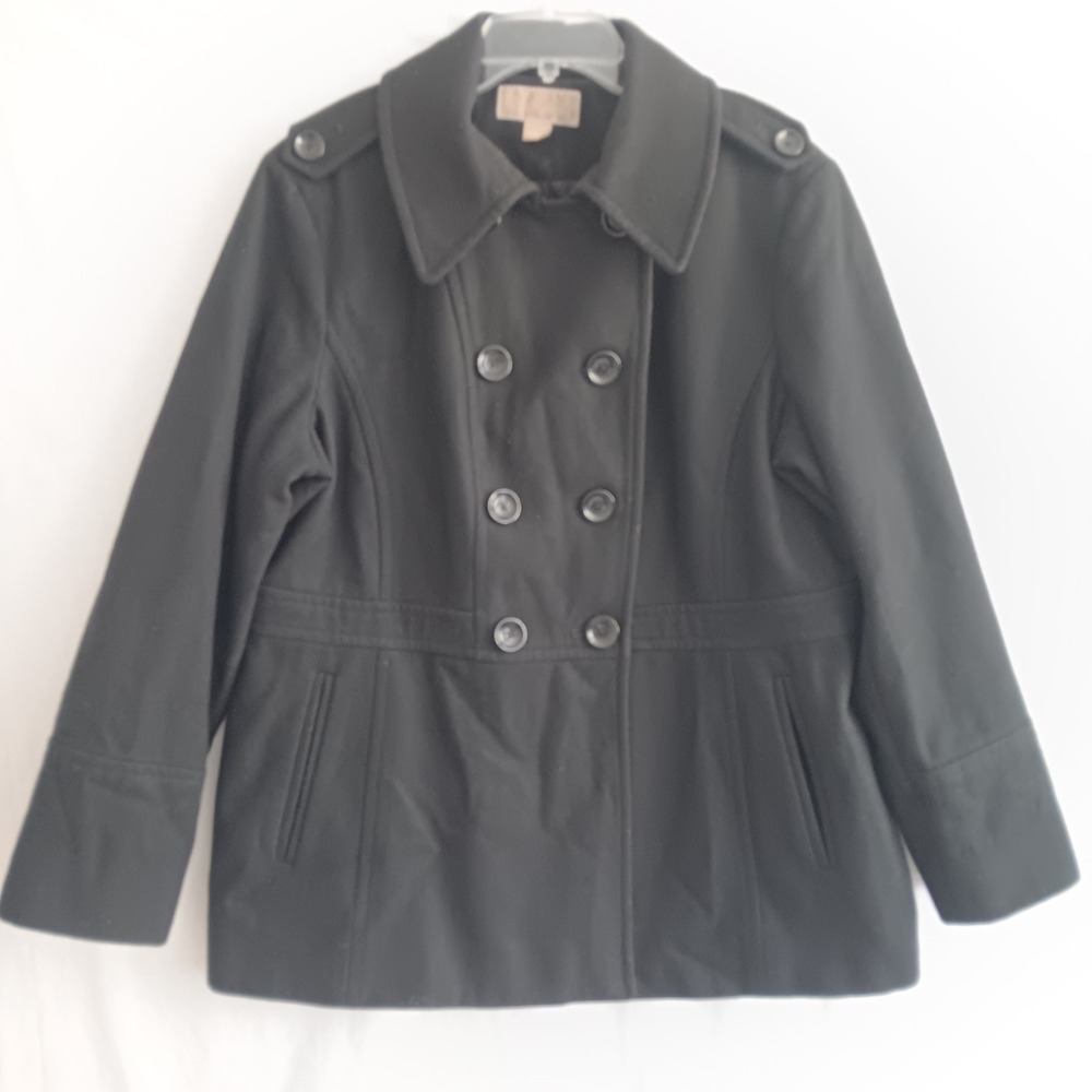 Michael Kors Pea Coat Womens XL Black Wool Blend Double Breasted